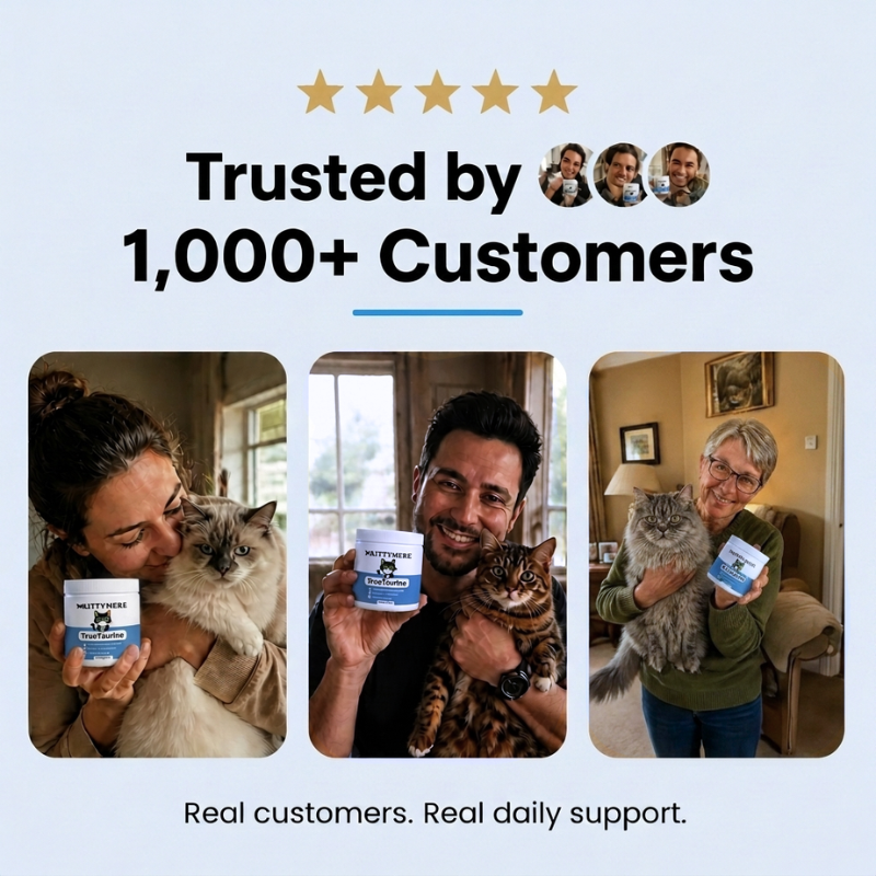 Happy customers holding their cats and Kittymere TrueTaurine tubs