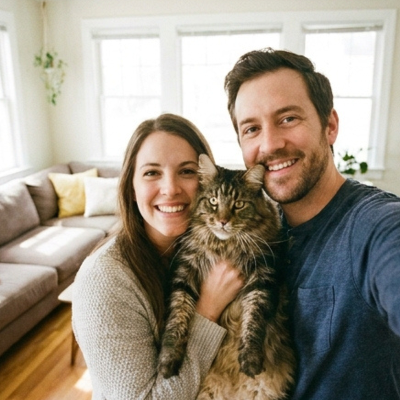 Smiling couple holding their Maine Coon cat in a bright living room