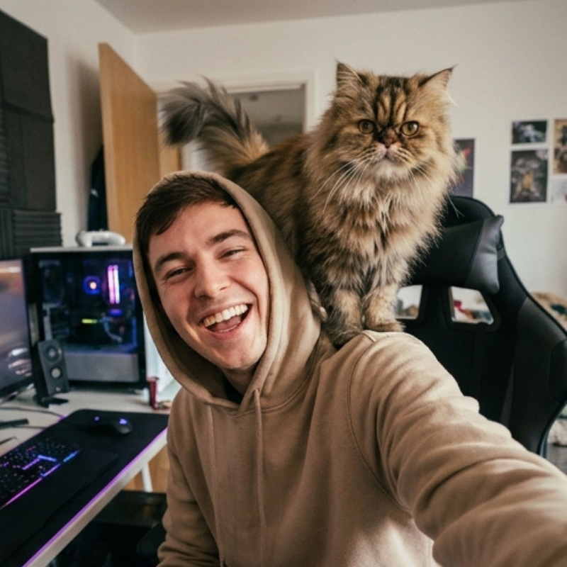 Young man laughing with his fluffy cat perched on his shoulder